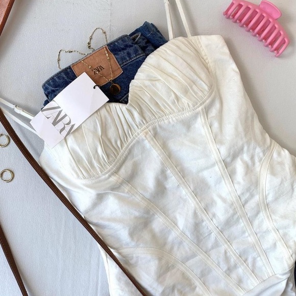 Zara NWOT linen blend ruched bust bustier top corset style ivory white bodysuit - Picture 3 of 7